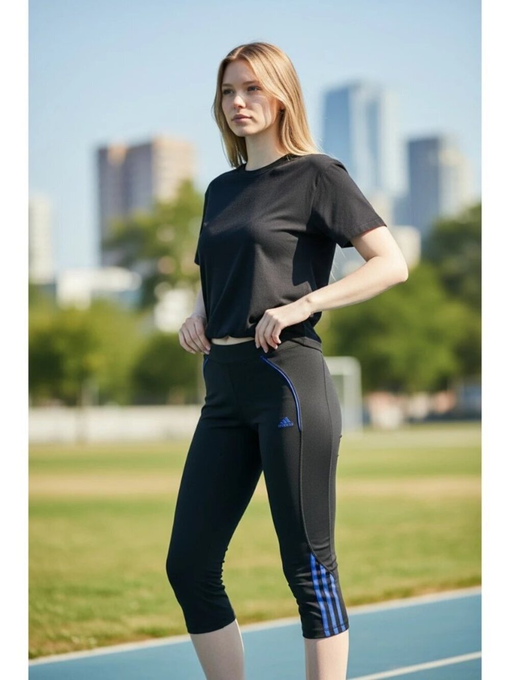 Adidas Striped Capri Leggings For Women Activewear Black/ Blue Large